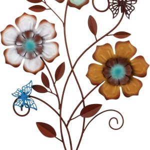 Tricolor Flower Wall Decor Vintage Metal Wall Art Decor Rustic Hanging Wall Flowers Decorative Metal Floral Art for Home Living Room Bathroom Indoor Outdoor Decors, 15 x 9.1 Inch (1 Piece)