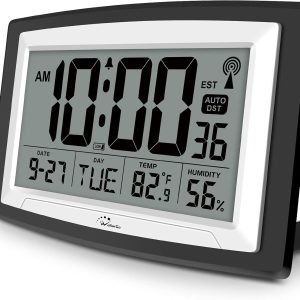 WallarGe Atomic Clock with Indoor Temperature and Humidity, 12.5 Inch Self-Setting Digital Wall Clock or Desk Clock, Battery Operated Digital Clock Large Display for Seniors, Auto DST