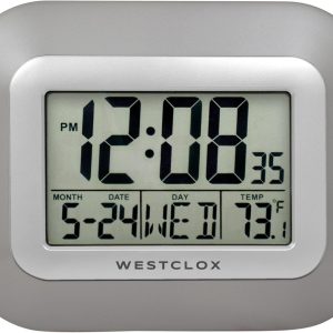 Westclox Large Digital Wall Clock Battery Operated Large Digital Clock with Temperature Date and Day of Week with Alarm | Modern Digital Desk Clock for Office Kitchen Bedroom or Living Room | Silver